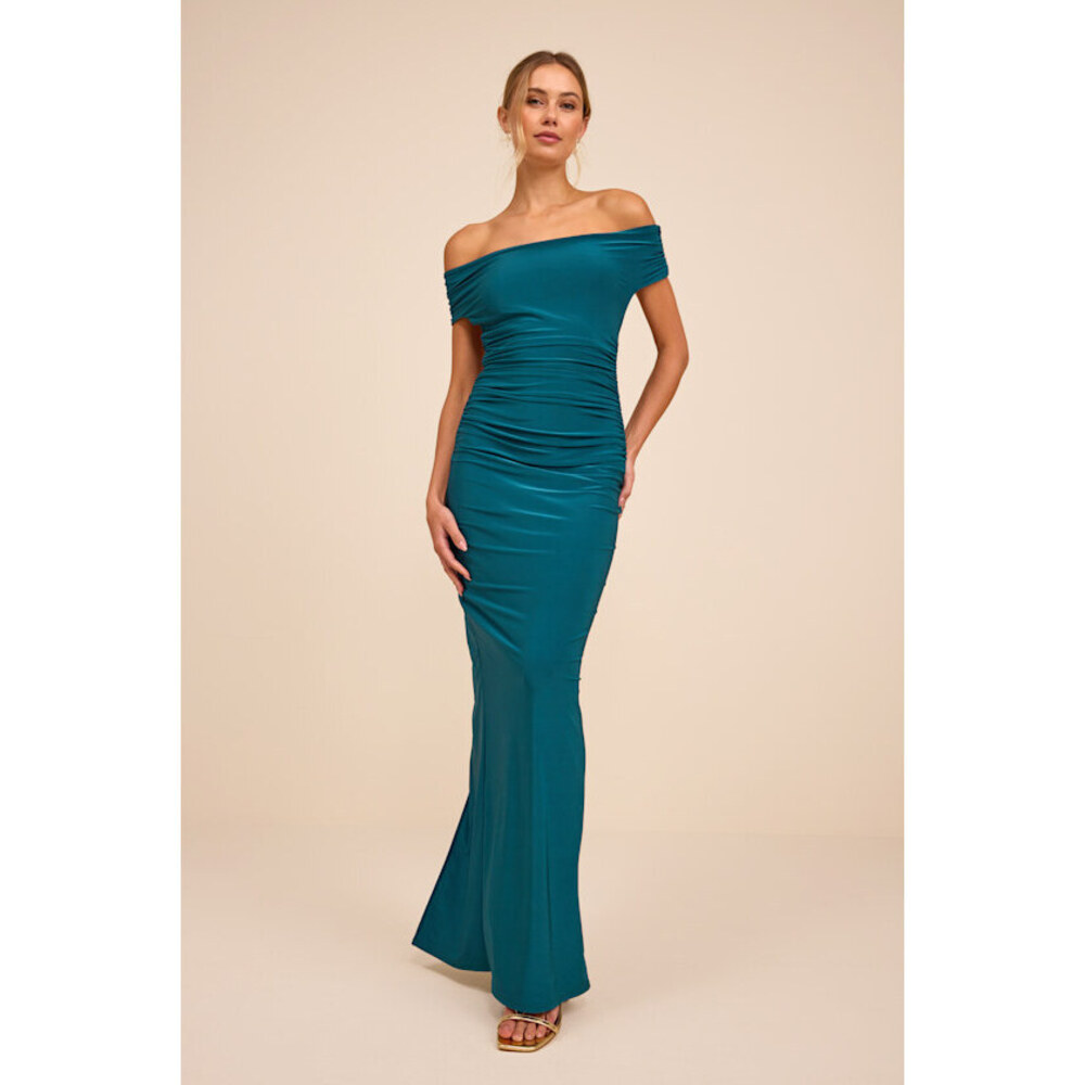 Lulus Brilliant Elegance Teal Off-the-shoulder Backless Maxi Dress Blue - Size S